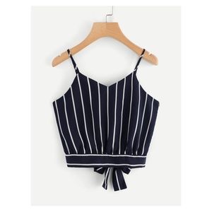 Blue White Striped Back Tie Cami Crop Top